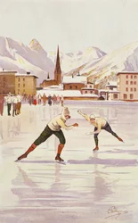 Skridskoåkare som tävlar på isbanan i Davos, Schweiz